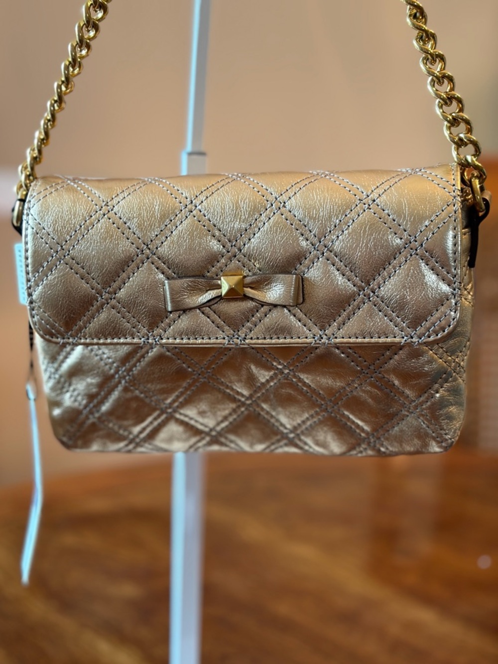 NWT Gorgeous Marc Jacobs Metallic Gold Quilted Crossbody with Bow Accent